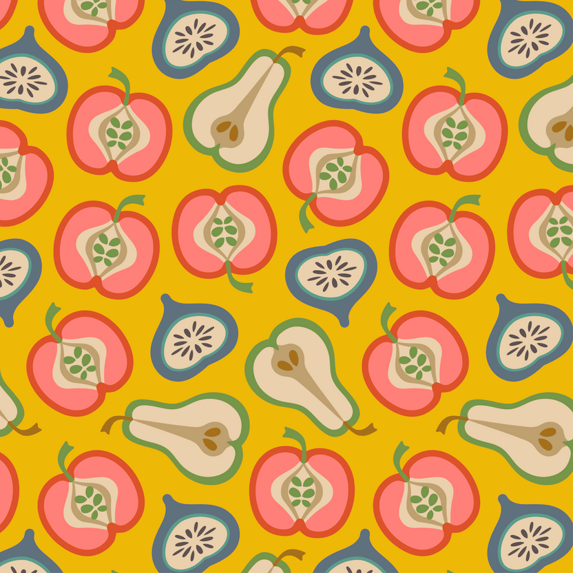 PLUMP Retro Ripe Summer Fruit Apple Pear Fig in 70s Mustard Yellow Avocado Green Pink Rust Orange