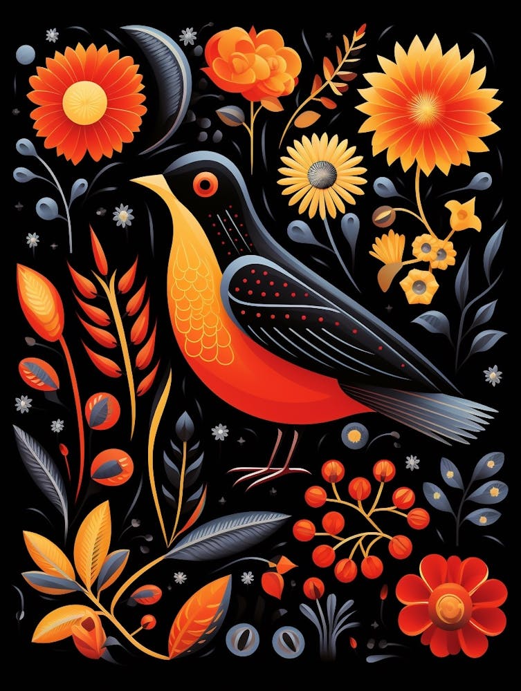 Folk Bird Illustration Blackbird 3