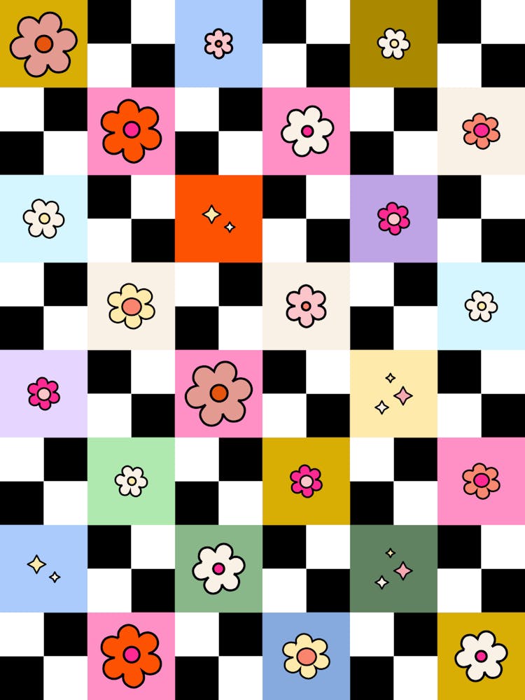 Checkered Daisies Retro Colorful Flower Check