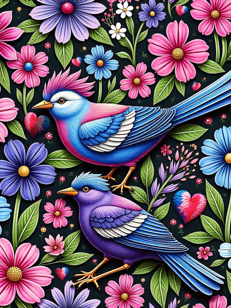 Tropical birds and flowers and love - St. Valentines Day colorful poster