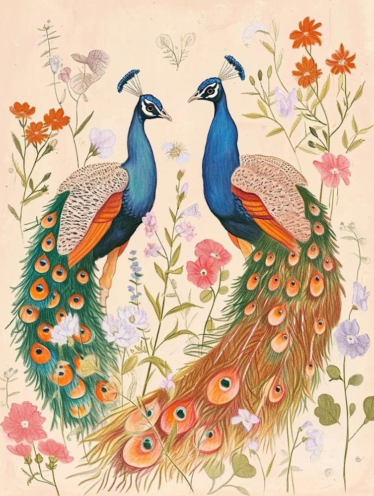 Folksy Floral Animal Drawing Peacock 5