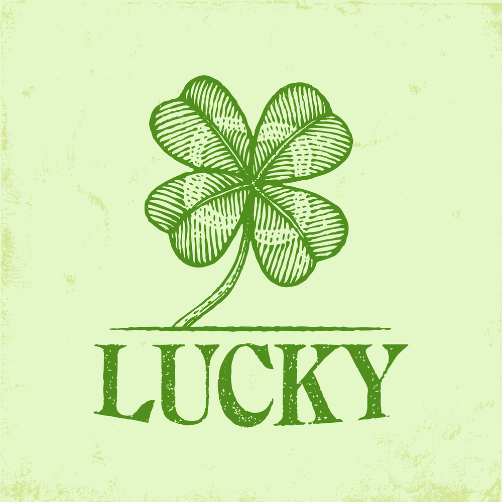 Glückliches vierblättriges Kleeblatt im Vintage-Stil. Gravur Shamrock.