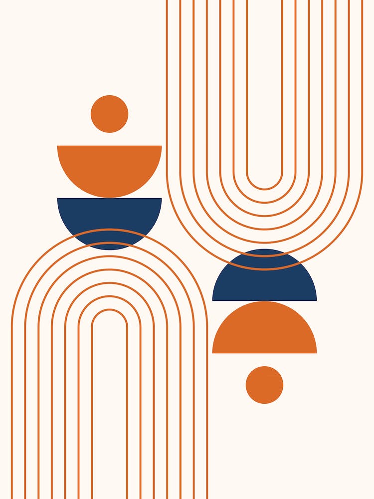 Mid Century Modern Geometric, Moon Phases, Sun and Rainbow in Navy Blue Vintage Burnt Orange