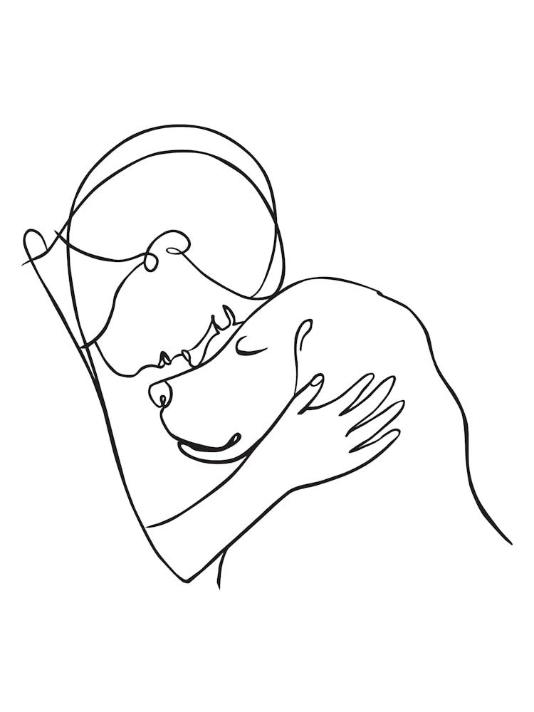 Woman Hugging Her Dog Monoline Drawing Line Art