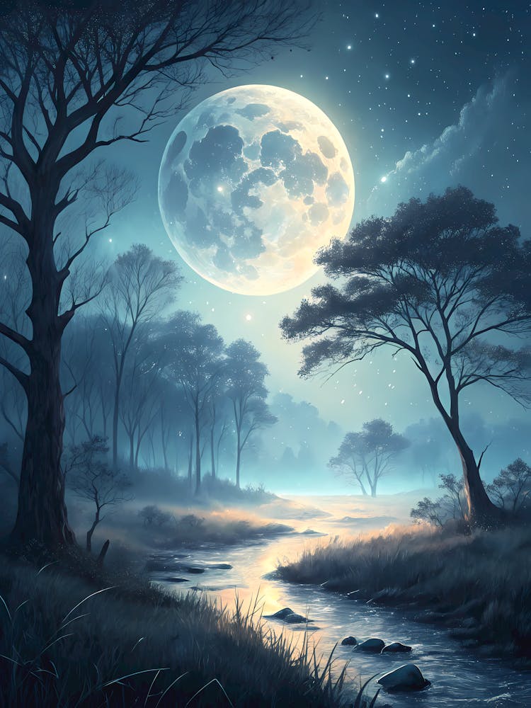 Oil Painting Style Moonlit Forest River Full Moon Landscape & Trees