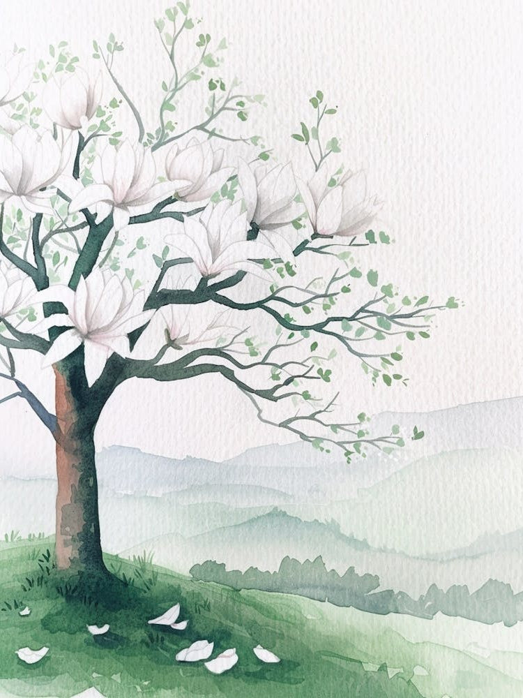 Magnolia Tree Atmospheric Watercolour Painting 1