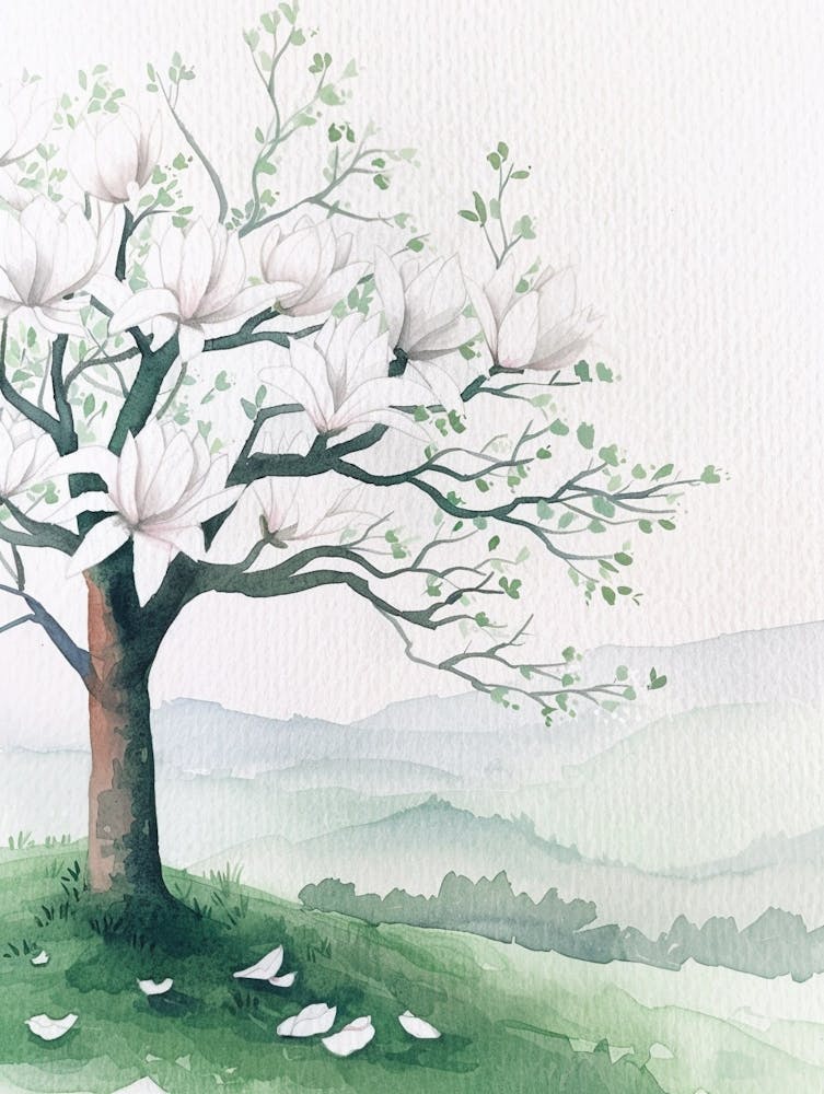 Magnolia Tree Atmospheric Watercolour Painting 1