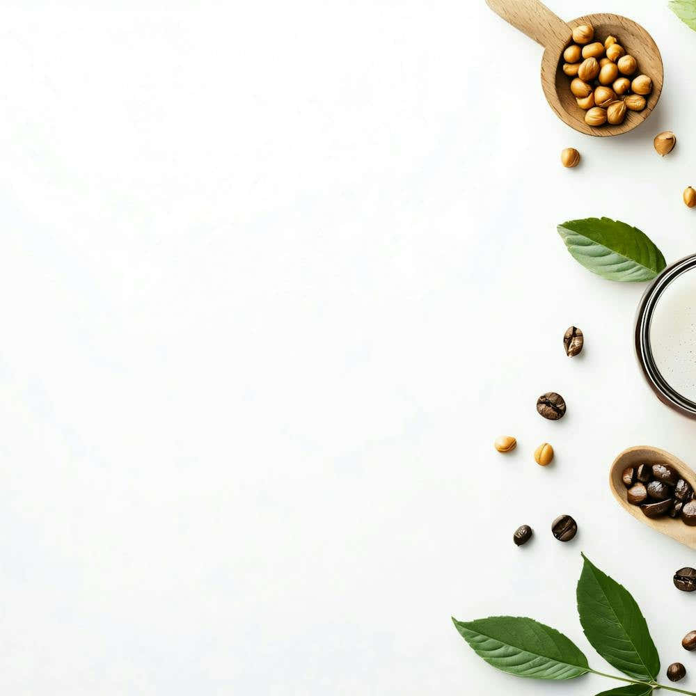 Top View Of A Coffee Mug With Coffee Beans And Leaves