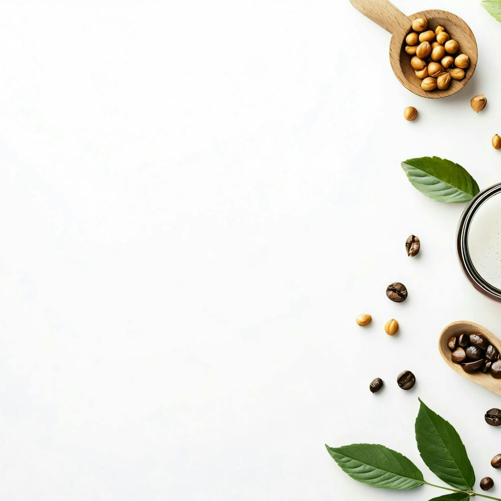 Top View Of A Coffee Mug With Coffee Beans And Leaves