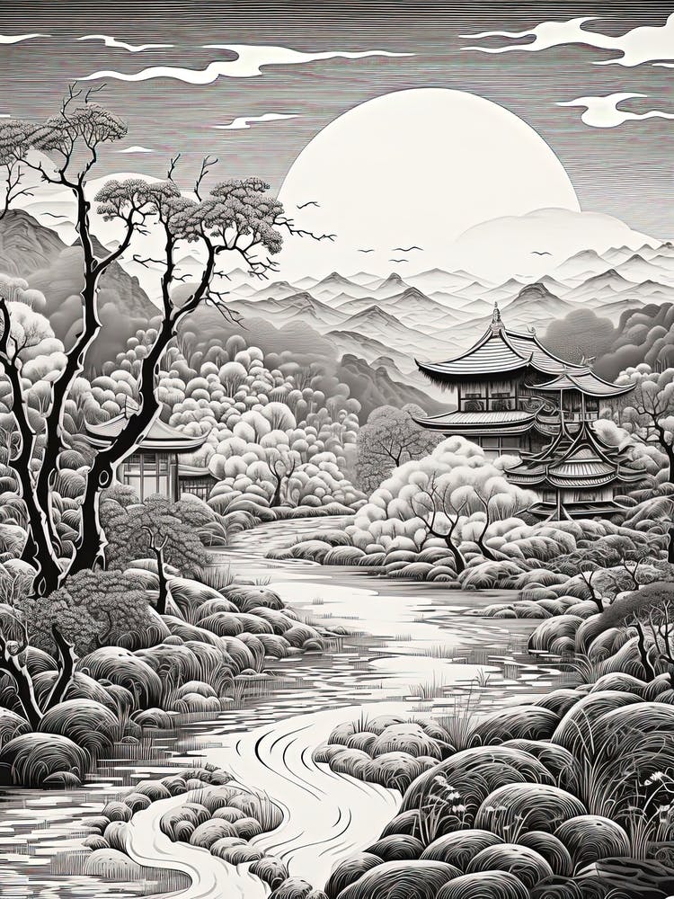 Yufuin In Oita, Ukiyo E Black And White Line Art Drawing 4