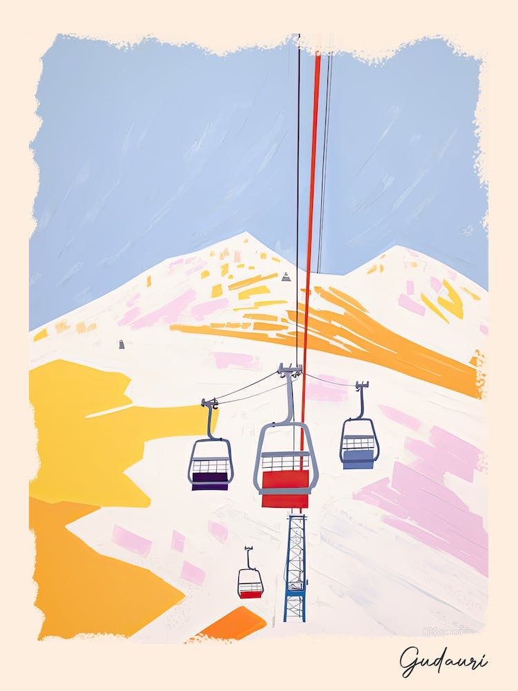 Poster Of Gudauri   Georgia, Ski Resort Pastel Colours Illustration 2