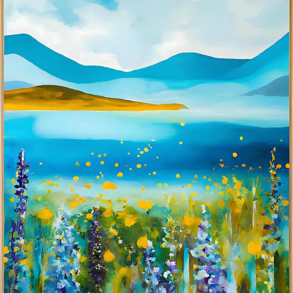Natur, Landschaft, Illustration, Außenbereich, Gras, Wiese, ländliche Szene, Hintergründe, Gelb, Berg, Baum, Herbst, mehrfarbig, Blau, Sommer, Jahreszeit, Wald, Blume, gemaltes Bild, Wolke, Gold, golden