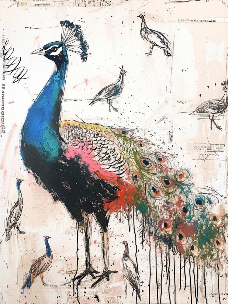 Peacock & Birds Messy Sketch
