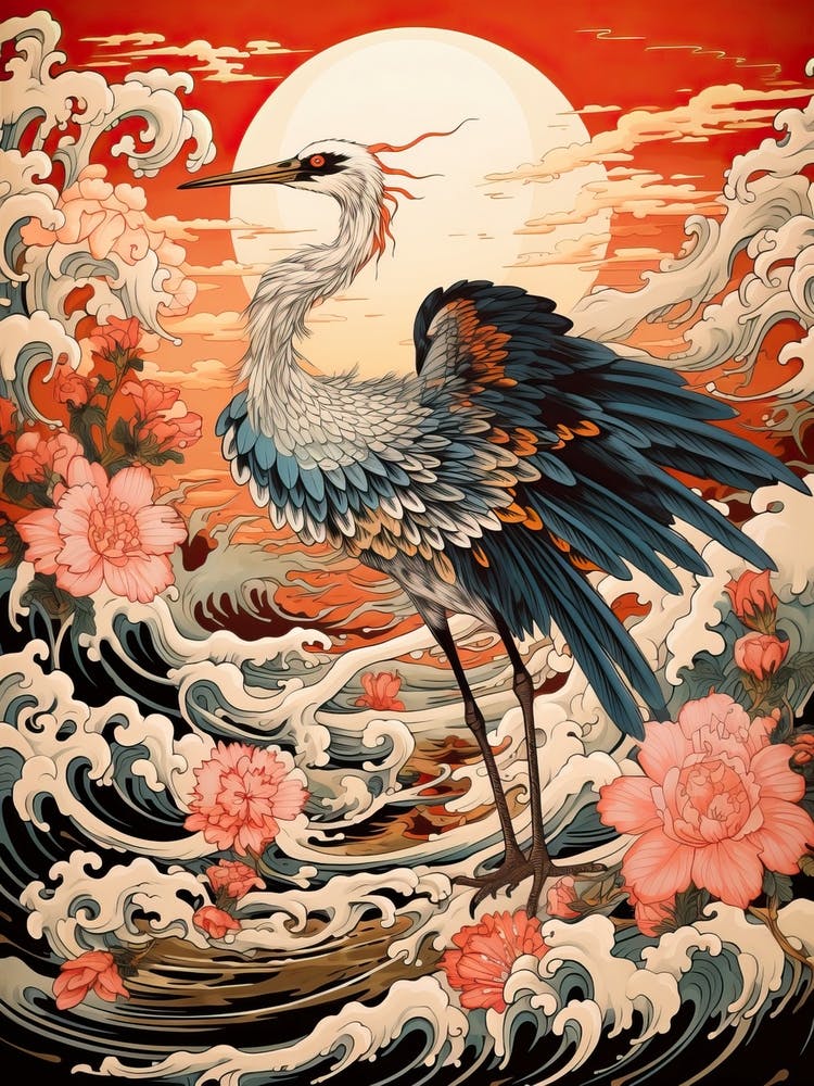 Crane Animal Drawing In The Style Of Ukiyo E 3