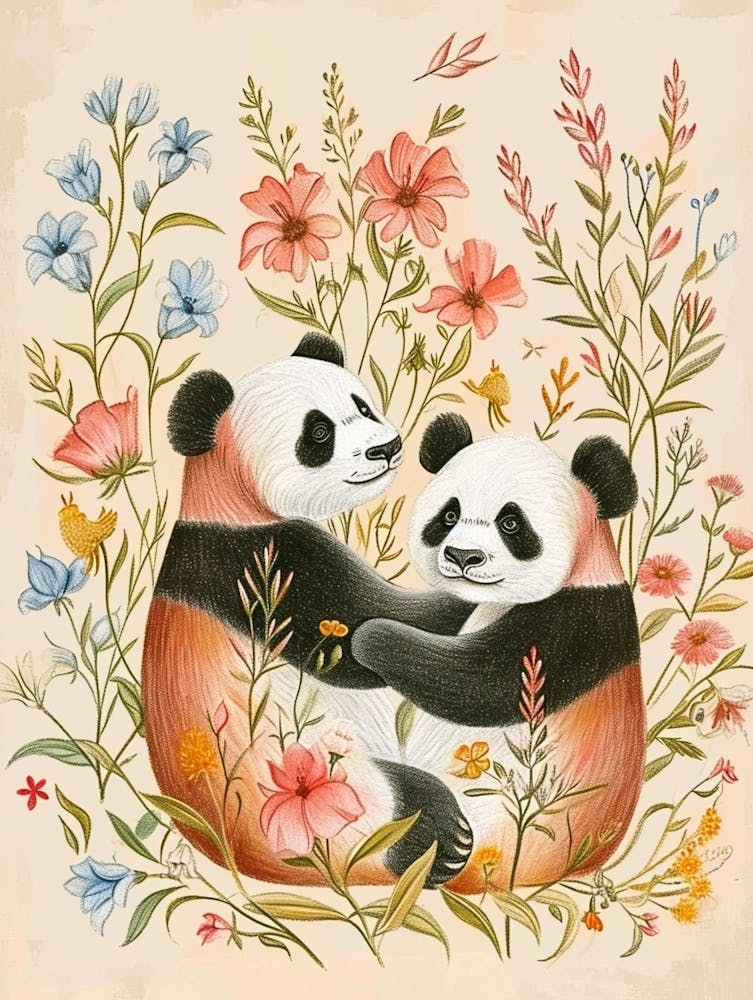 Folksy Floral Animal Drawing Panda 3