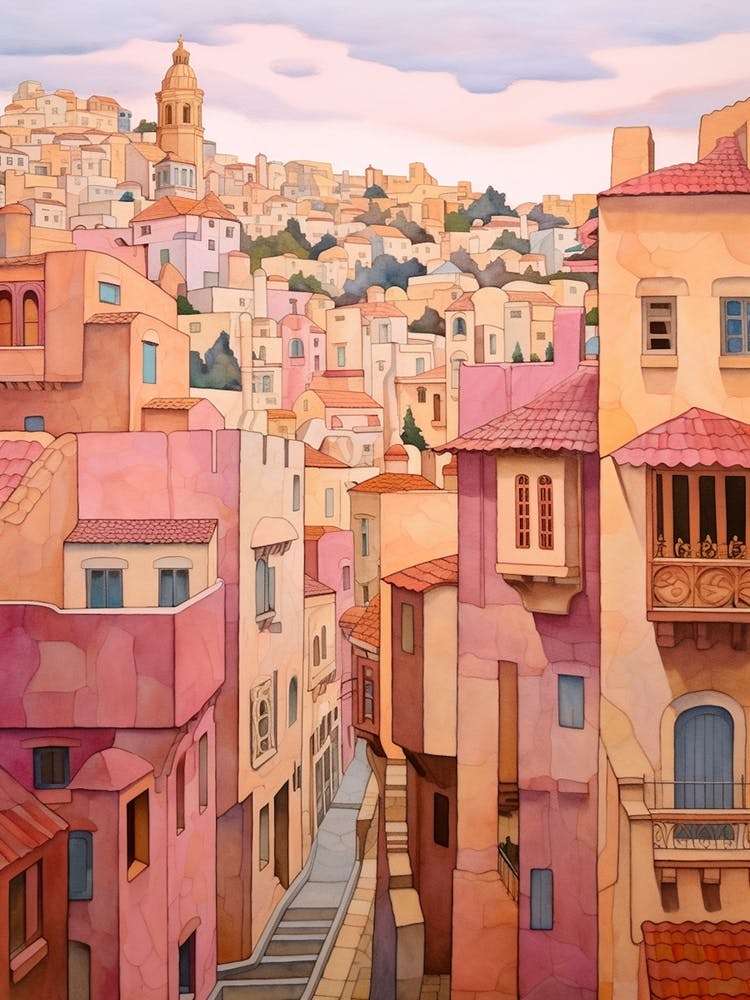Valletta Malta 1 Vintage Pink Travel Illustration