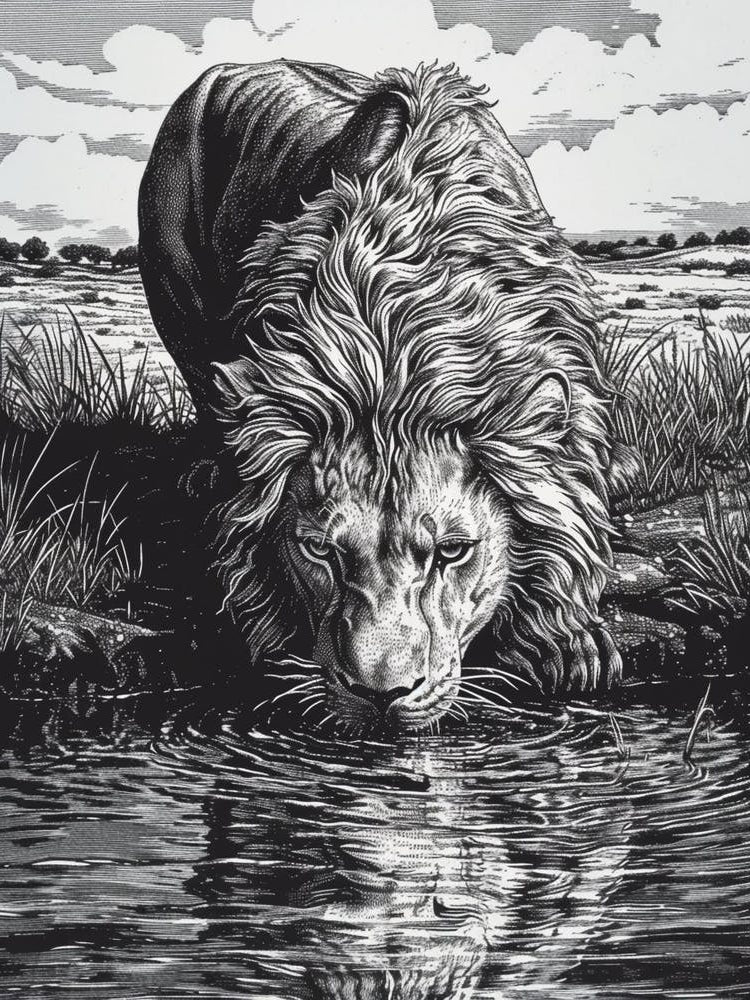 Barbary Lion Relief Illustration Drinking 4