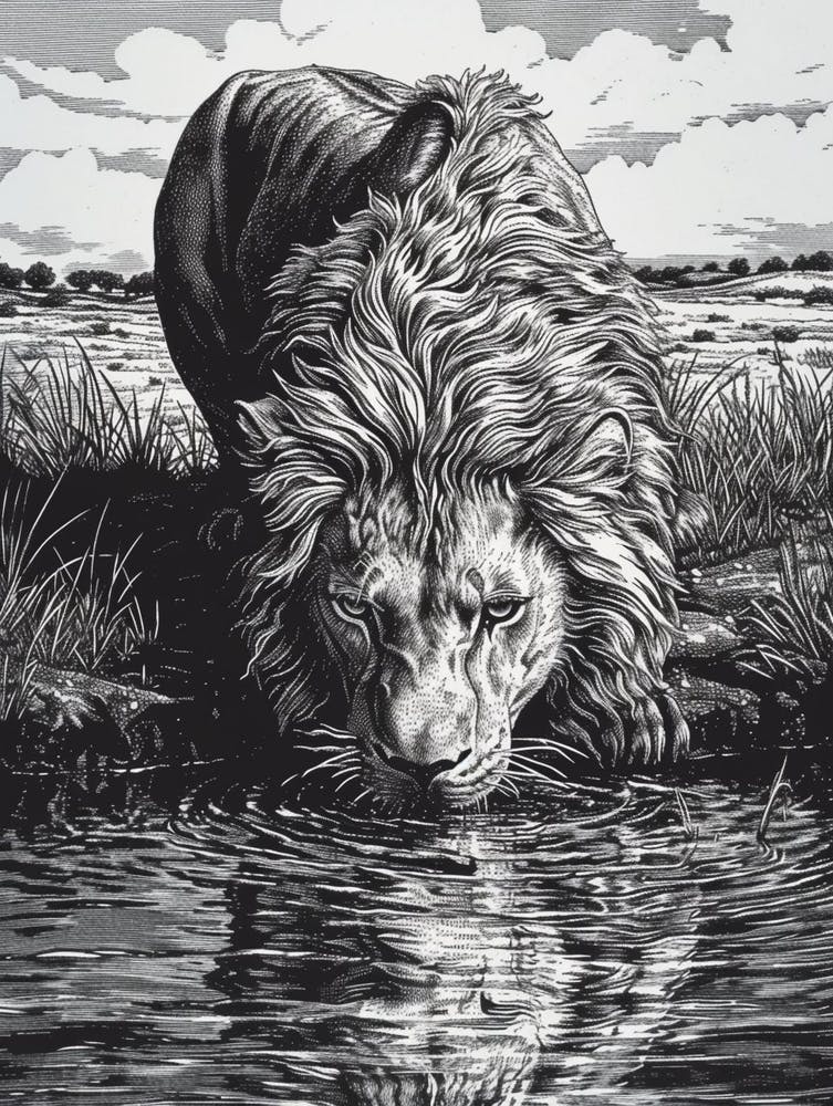 Barbary Lion Relief Illustration Drinking 4