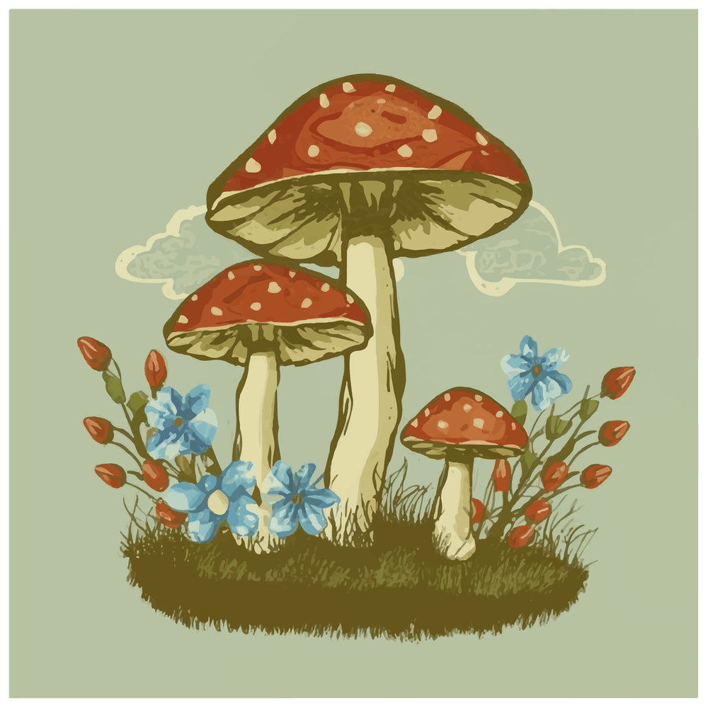 Mushrooms And Flowers, Vintage Americana, Retro Advertisements Style.