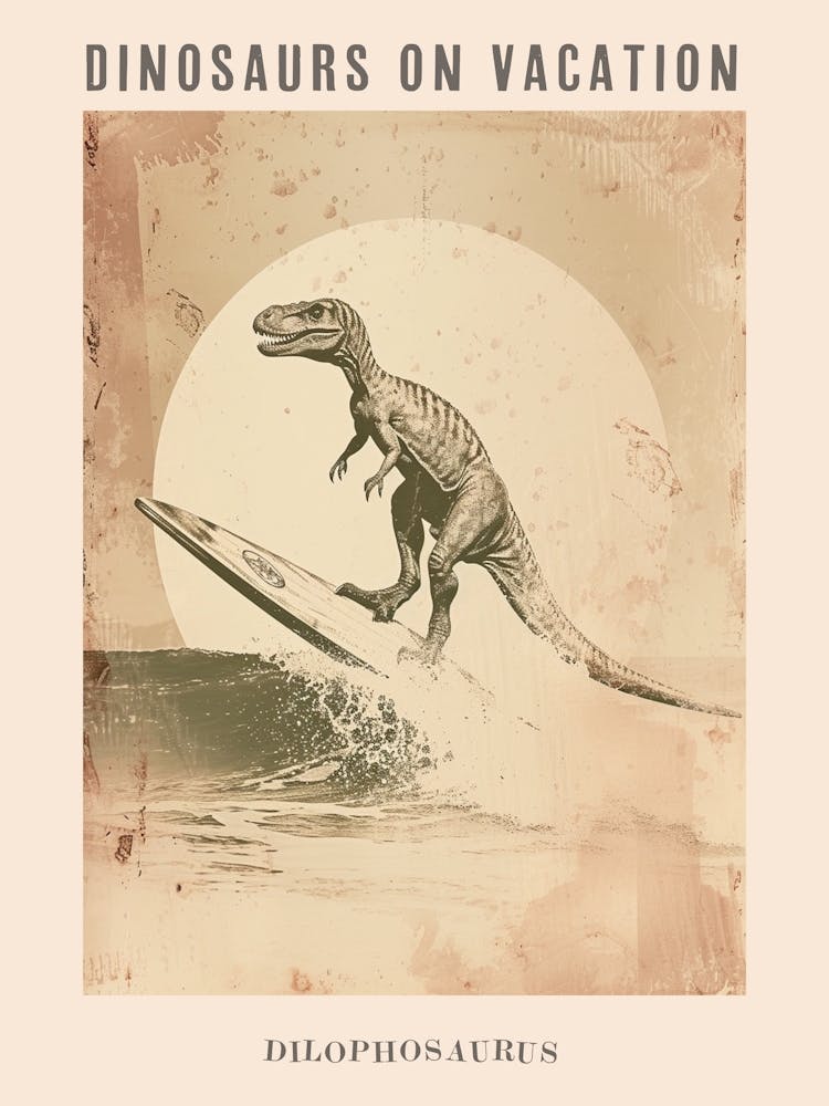 Vintage Dilophosaurus Dinosaur On A Surf Board 2 Poster