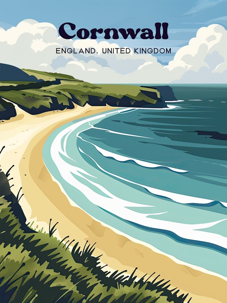 Cornwall England Coastline Art Illustration