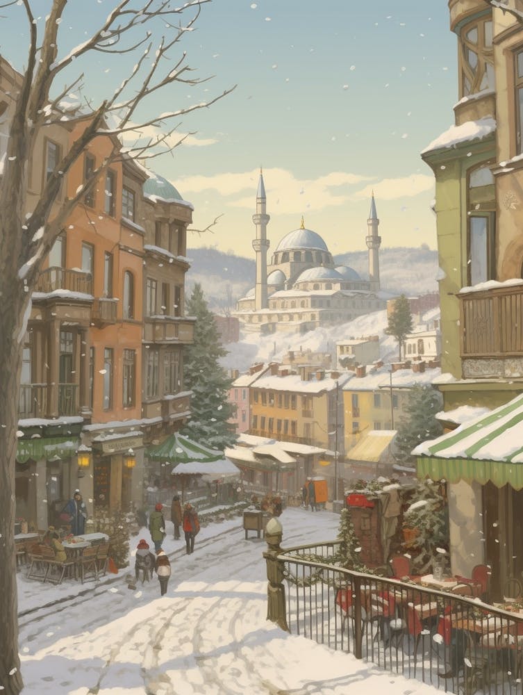 Vintage Winter Illustration Istanbul Turkey 2