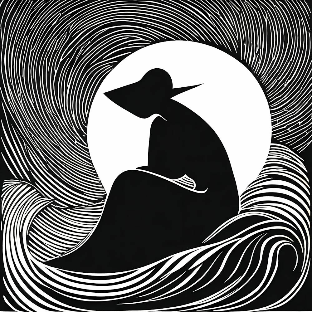 A Linocut illustration of A Mysterious figure, 128