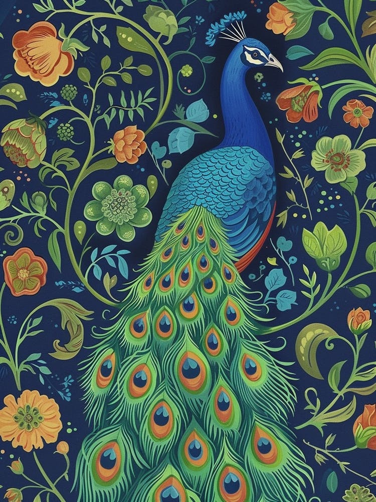 Turquoise Tones Peacock Floral Wallpaper