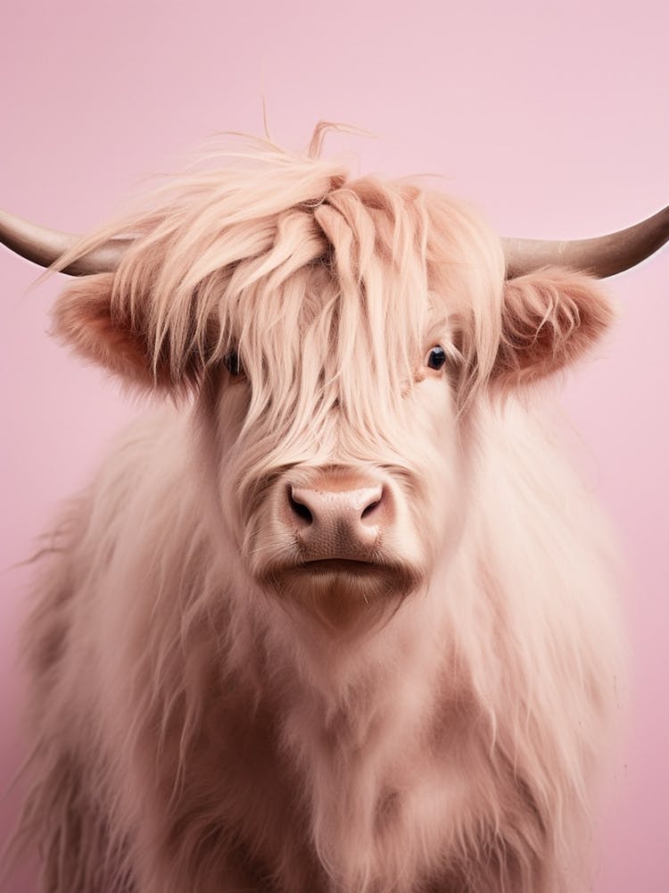 Pastel Pink Portrait Of Highland Cow 3
