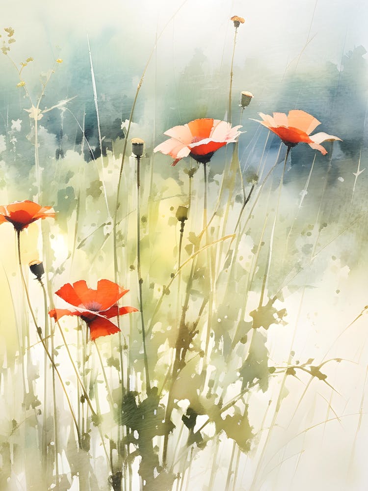 Poppies A, Wildflower Painting, Botanical Art