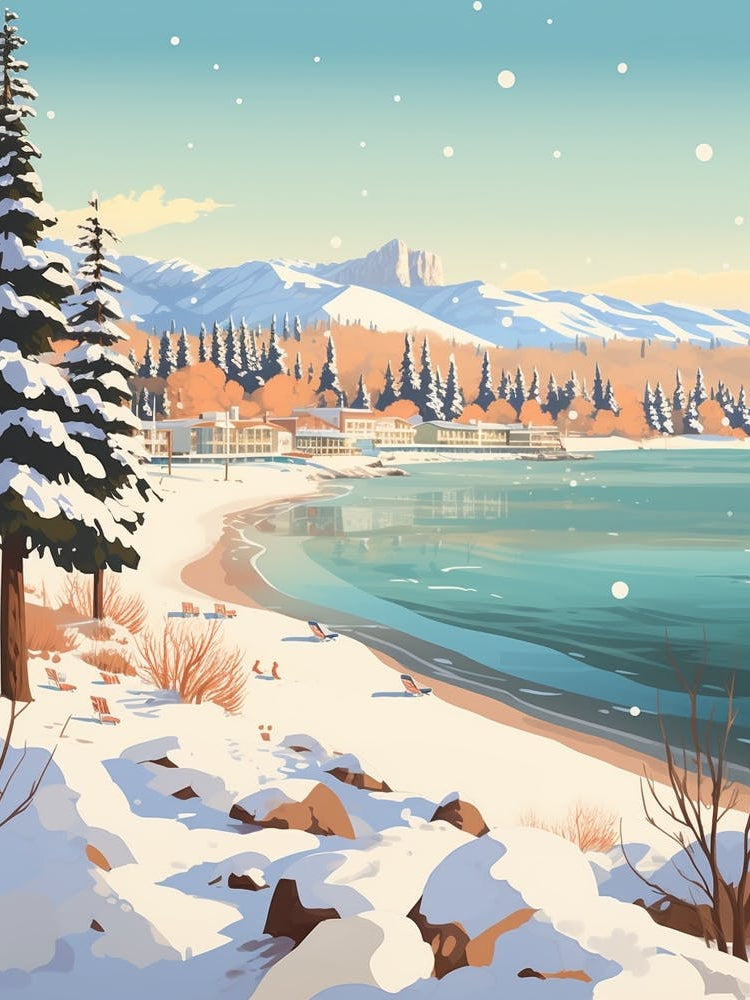 Vintage Winter Travel Illustration Lake Tahoe Usa 3