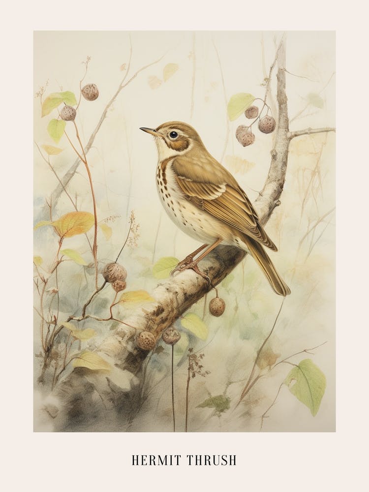 Vintage Bird Drawing Hermit Thrush 3 Poster