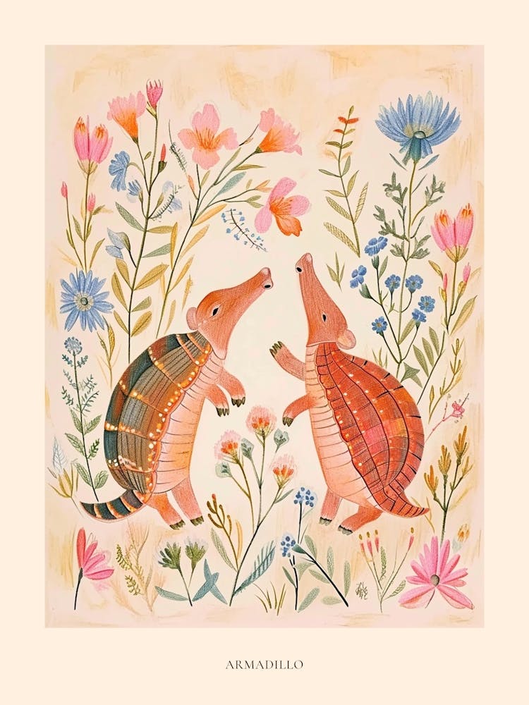 Folksy Floral Animal Drawing Armadillo 2 Poster