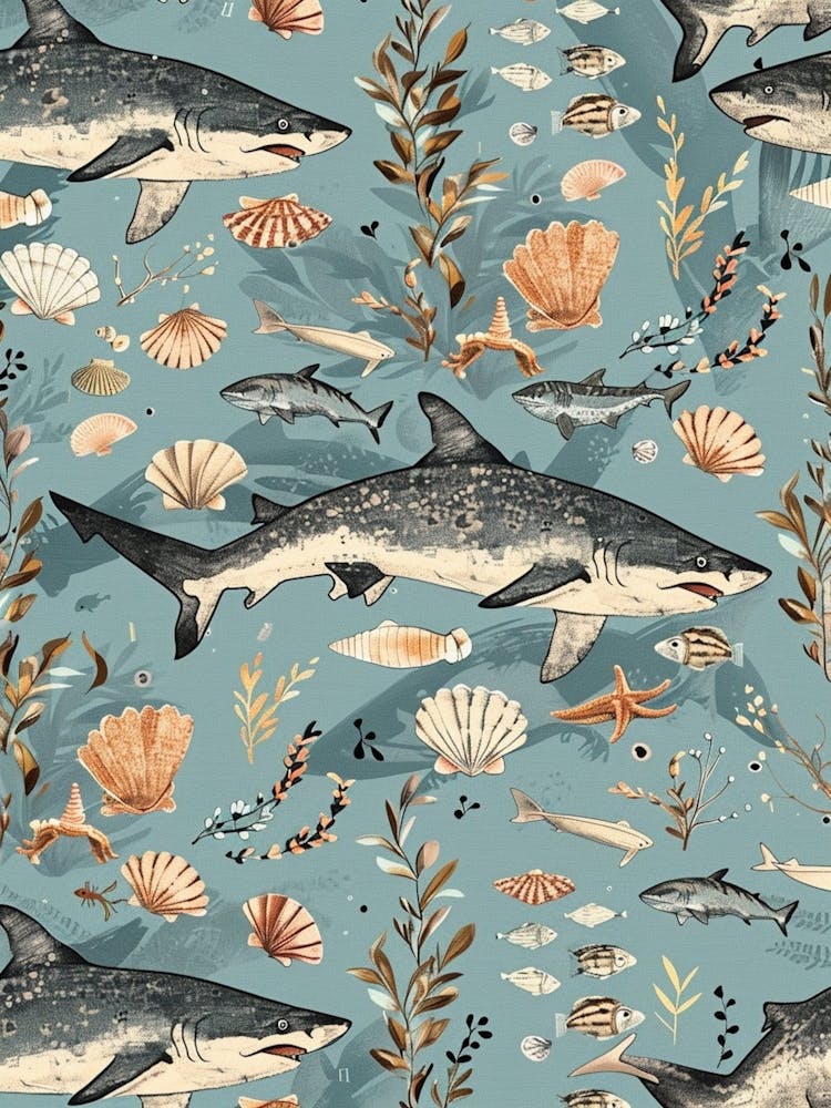 Pastel Carpet Shark Watercolour Seascape Pattern 2