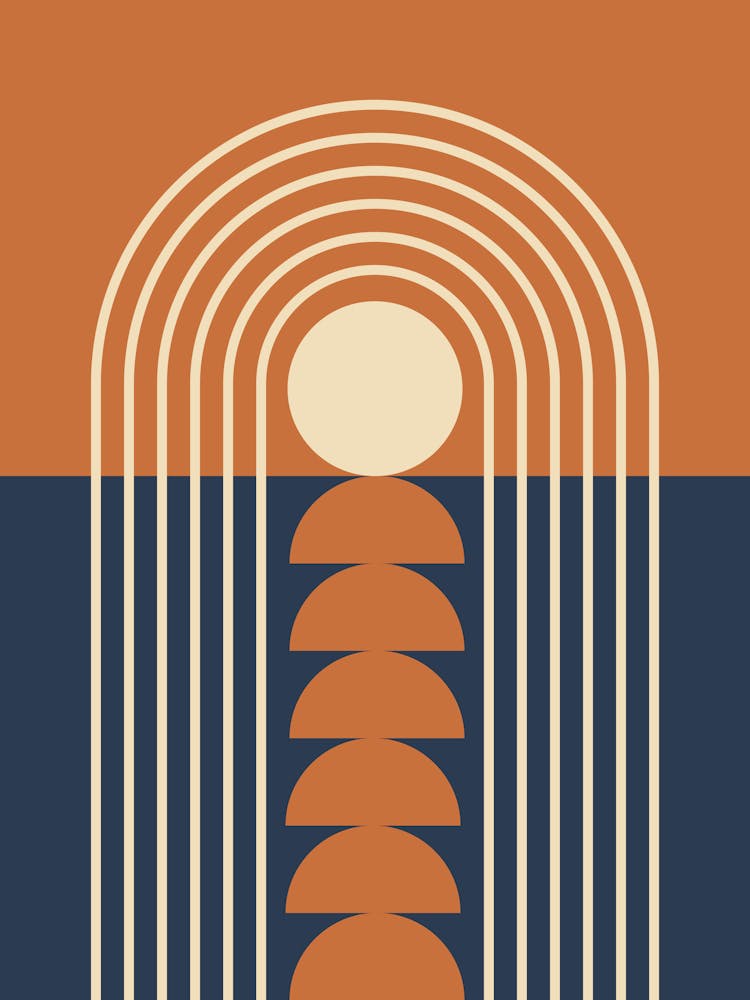 Sunrise Sunset Midcentury Modern Geometric Abstract 1 In Classy Vibes Navy Blue Brown Beige 01
