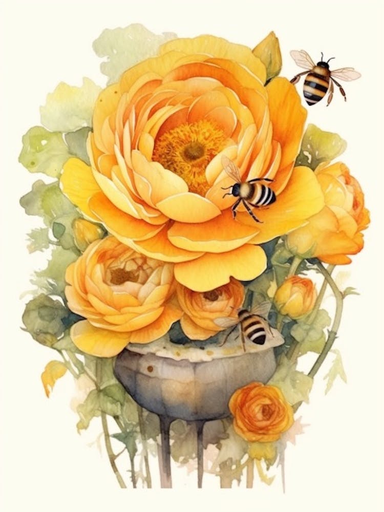 Bienenstock Mit Ranunkeln Aquarell-Illustration 2