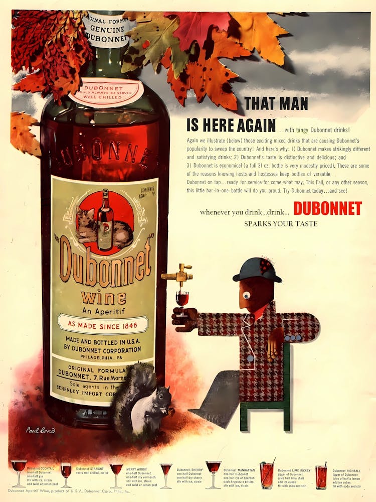 Dubonnet Wine, Big Bottle and a Funny Man, Vintage Advertising Poster