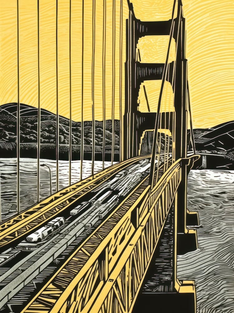 Golden Gate San Francisco Linocut Illustration Style 4