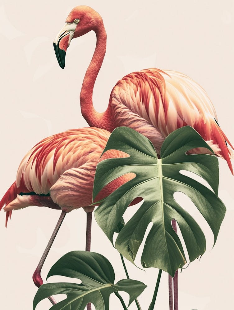 Lesser Flamingo And Monstera Deliciosa Boho Print 2