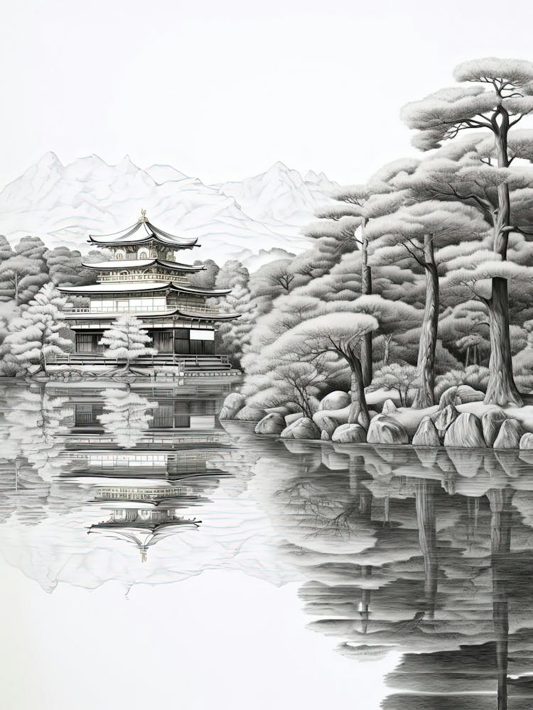 Kinkaku Ji (Golden Pavilion) In Kyoto, Ukiyo E Black And White Line Art Drawing 3