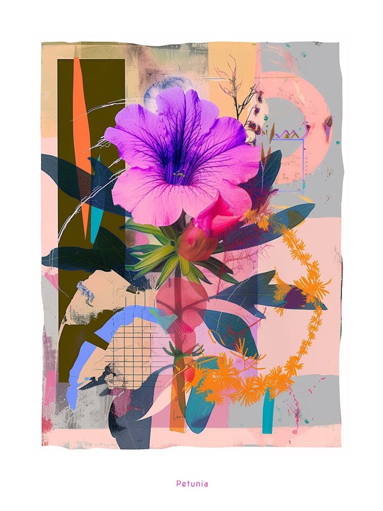 Petunia 4 Neon Flower Collage Poster