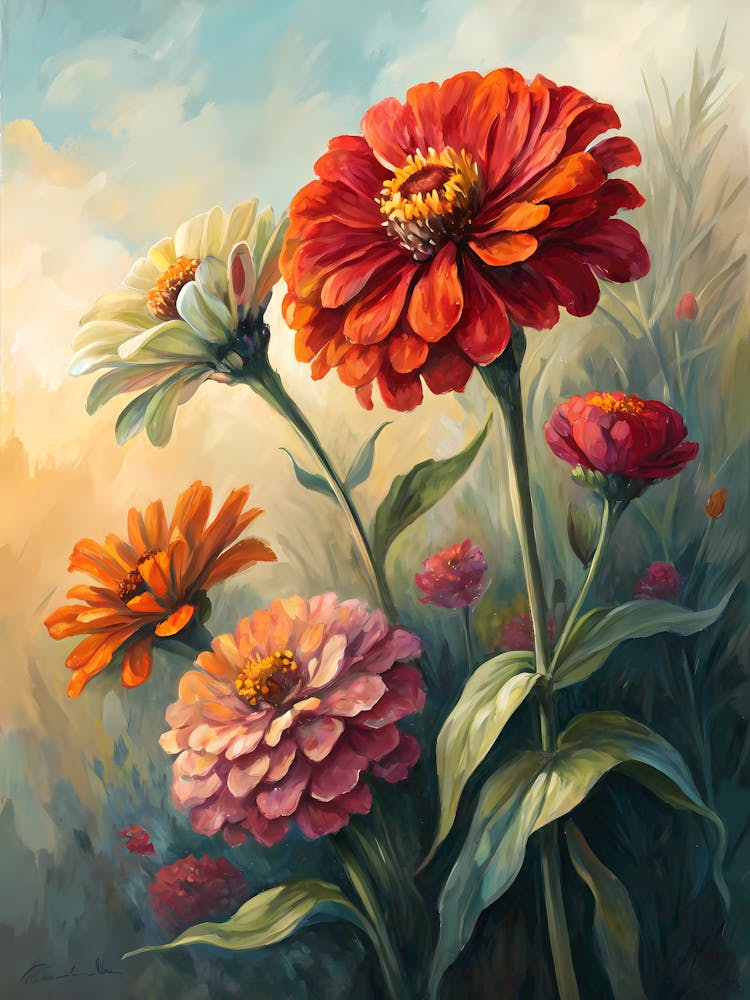 Ölgemälde-Stil Abstrakte Zinnien In kühnem Pinselstrich