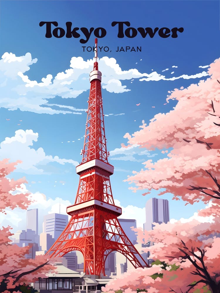 Tokyo Tower Japan Spring Travel Art Illustration