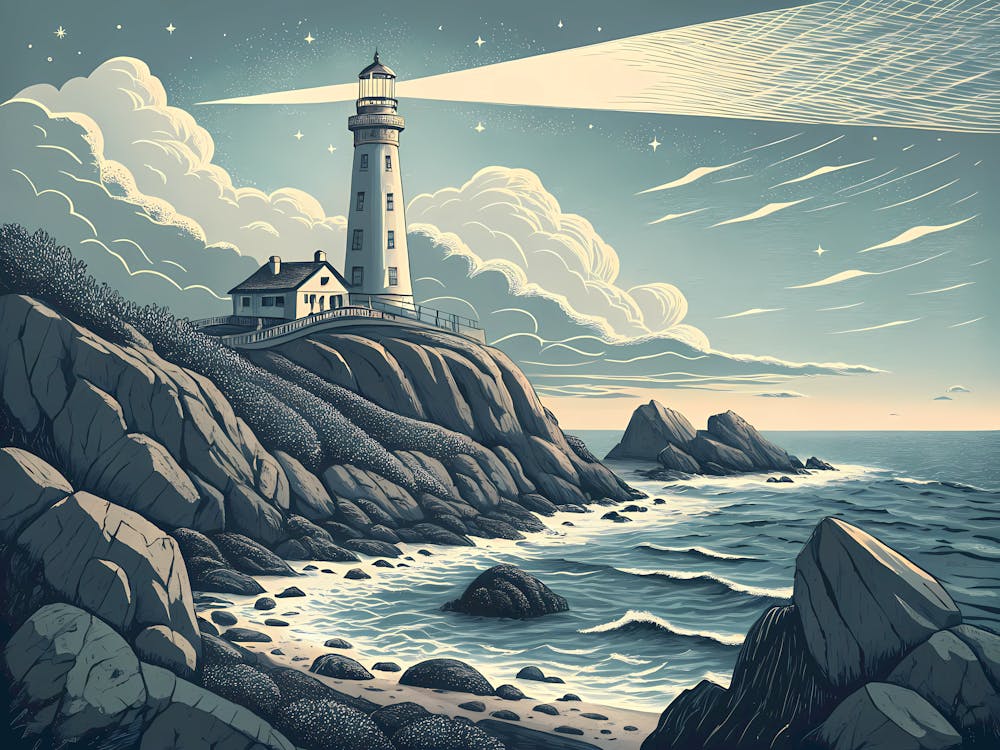 Retro Vintage Style A Distant Lighthouse On Rocky