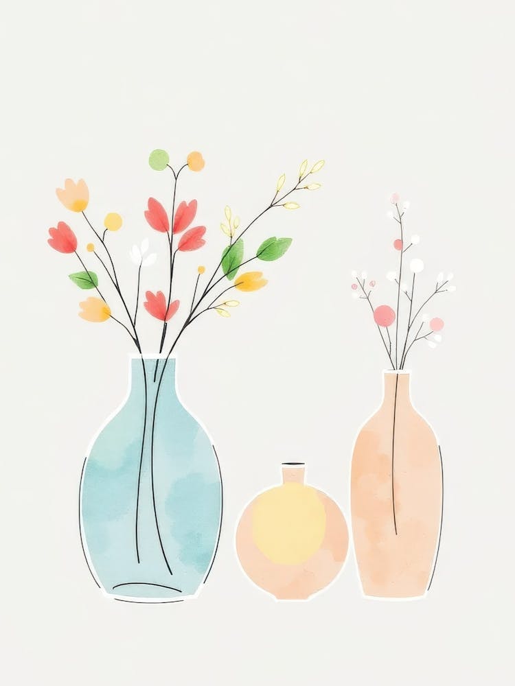 Watercolor Flowers In Vases