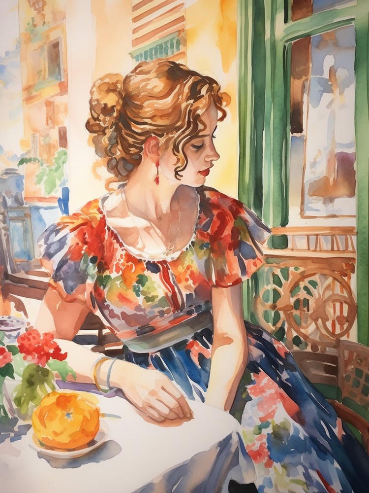 At A Cafe In Cartagena Spain Watercolour
