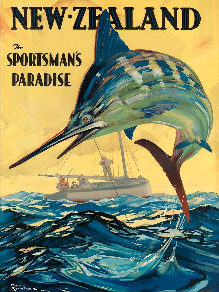 Jumping Swordfish In New Zealand, Vintage Travel Poster
