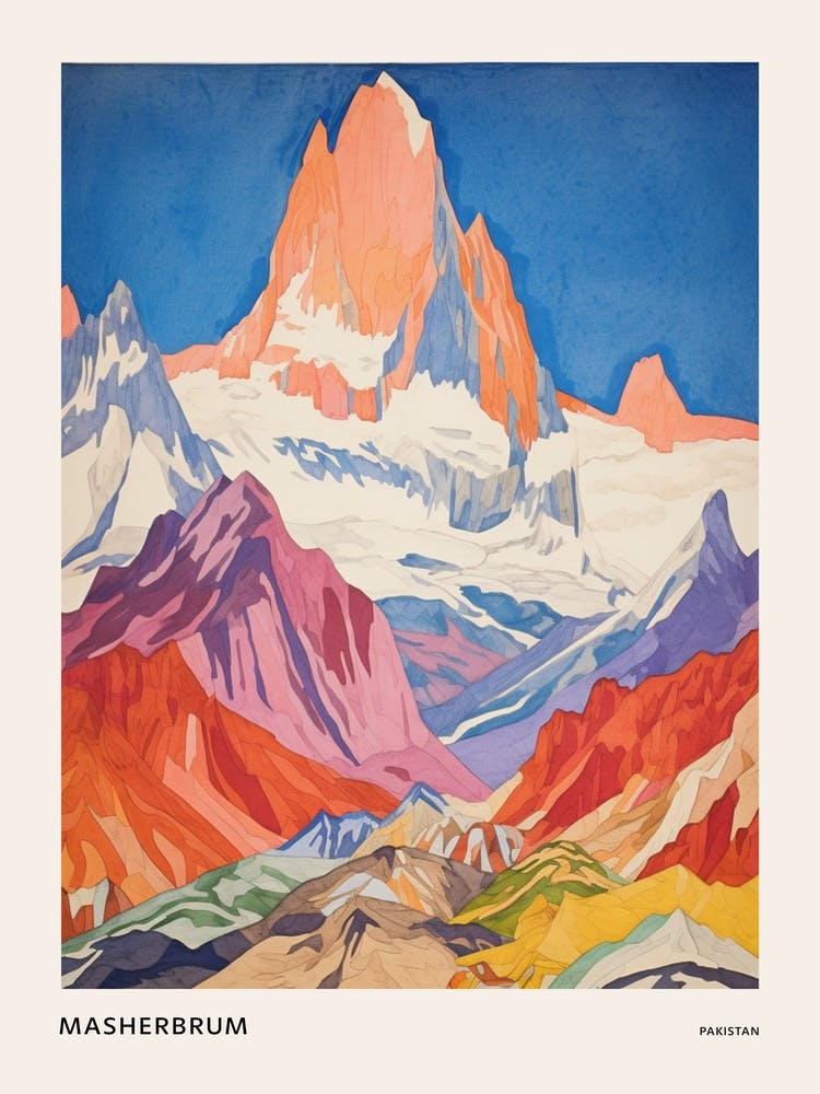 Masherbrum Pakistan 2 Colourful Mountain Illustration Poster