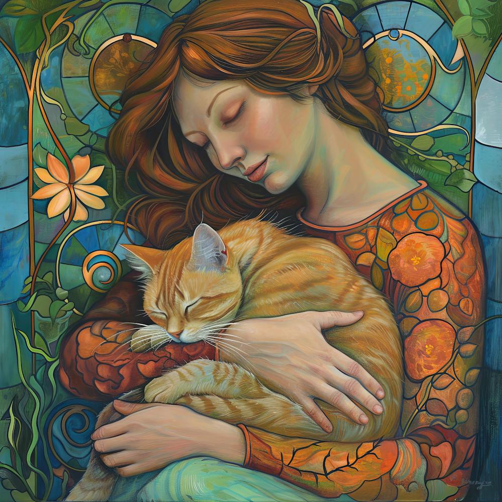 Woman with her Beloved Cat in Style of Art Nouveau 6