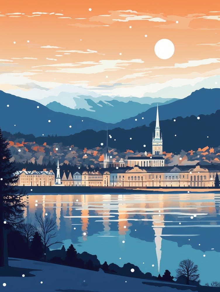Winter Travel Night Illustration Geneva Switzerland 2